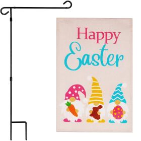 Combo Pack Garden Flag Stand Black 36x16 in & Garden Flag Happy Easter Decoration Three Gnomes with Carrot Chocolate Bunny Egg 12x18 inch Double-