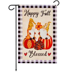 Garden Flag Happy Fall Blessed Two Gnomes Sitting on Pumpkins 12x18 inch Blockout Fabric Double Sided