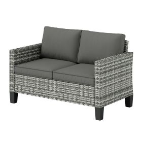 2 Seater Rattan Outdoor Sofa, Patio Couch Loveseat with Cushions and Armrests for Garden, Balcony, Dark Grey