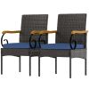 Set of 2 Rattan Outdoor Dining Chairs, Wicker Patio Chairs with Removable Cushion, Acacia Wood Armrests, Navy Blue