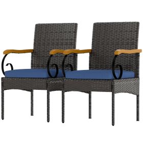 Set of 2 Rattan Outdoor Dining Chairs, Wicker Patio Chairs with Removable Cushion, Acacia Wood Armrests, Navy Blue