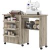 Sewing Machine Cabinet, Folding Sewing Table with Storage Shelf, Bins and Lockable Wheels for Small Space, Grey