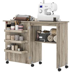 Sewing Machine Cabinet, Folding Sewing Table with Storage Shelf, Bins and Lockable Wheels for Small Space, Grey