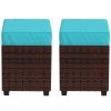 2 PCS Patio Wicker Ottoman Set, Square Outdoor PE Rattan Footrest with Removable Cushion for Backyard, Sky Blue