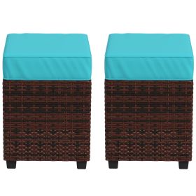 2 PCS Patio Wicker Ottoman Set, Square Outdoor PE Rattan Footrest with Removable Cushion for Backyard, Sky Blue