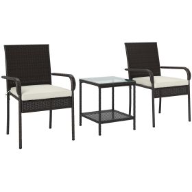 3 Piece Wicker Patio Furniture Set with Stackable Chairs, Washable Cushion, Tempered Glass Top, for Backyard, Brown