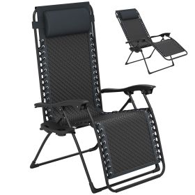 Wicker Folding Lounge Chair with Adjustable Backrest, Rattan Recliner Chair with Headrest & Side Table Tray, Black