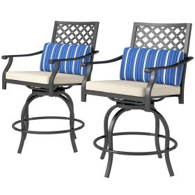 Outdoor Bar Stools Set of 2, Bar Height Swivel Patio Chairs with Cushion, Pillow Footrest for Poolside, Backyard