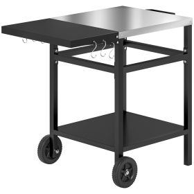 Outdoor Grill Dining Cart with Stainless Steel Top and Foldable Side Table, BBQ Movable Pizza Oven Stand Food Prep Table Trolley with Hooks Shelf Cove