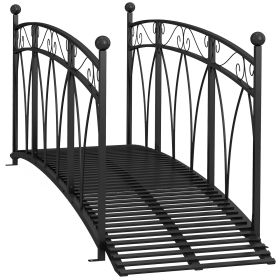 8' Metal Arch Garden Bridge Arc Footbridge with Guardrails and Decorative Scrollwork, Black