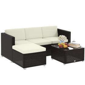 3 Pieces Patio Furniture Set with Cushions, Outdoor PE Rattan Wicker Conversation Corner Sofa Set with Glass Top Table and Adjustable Foot for Garden,