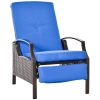 Outdoor Rattan Recliner Chair, Wicker Reclining Chair with Adjustable Back Retractable Footrest Cushion Blue