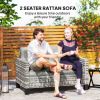 2 Seater Rattan Outdoor Sofa, Patio Couch Loveseat with Cushions and Armrests for Garden, Balcony, Dark Grey