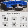 7 Pieces Outdoor Rattan Furniture Set, Patio Wicker Sectional Conversation Sofa Set, Blue