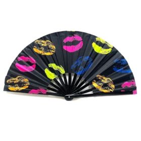 Folding Fan UV Glow Rave Bamboo Hand Fan Carnival Decoration Dancing Party Wedding Night Club Concert Lip Kung Fu Large Lips (Option: Lips)